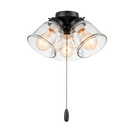Aspen Creative 22012-1, Three-Light Ceiling Fan Light Kit with Pull Chain, Matte Black Finish with Clear Glass Shades, 13-1/8" Diameter x 6-3/4" Height