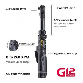 Durofix G12 Series 12V Li-ion Cordless 3/8” 60 ft-lbs. Extended Ratchet Wrench Tool Kit, 12V Cordless Ratchet Wrench, Variable Speed & LED Light (RW1216-32 - 2 Battery Pack)