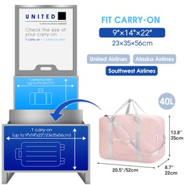 Carry on luaggage 22x14x9 Airlines Approved Foldable Carry on Bag Travel Duffel Packable Duffle Overnight for Women 40L (Pink)