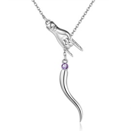 YAFEINI Italian Horn Hand Necklace Sterling Silver Cornicello and Mano Cornuto Birthstone Necklace Good Luck Italian Protection Amulet Pendant Jewelry for Women, Sterling Silver, Cubic Zirconia