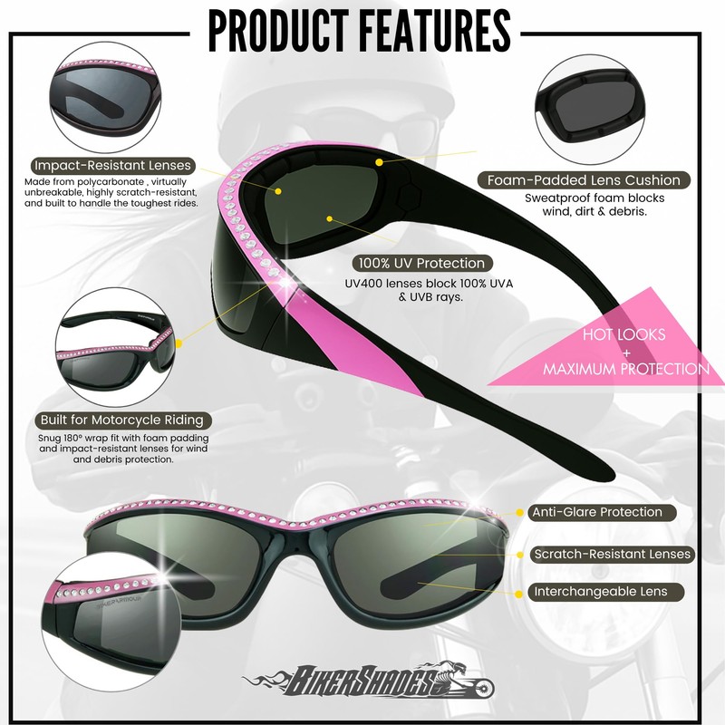 Bikershades Rhinestone Womens Motorcycle Biker Sunglasses Foam Padded Wrap Blocks