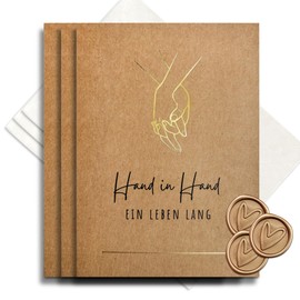 møij Set of 3 Wedding Greeting Cards Made of Kraft Cardboard with Golden Hot Foil Embossing - Hand in Hand - Includes Envelopes and Wax Seal