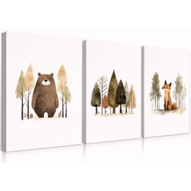 QMWIDKL Woodland Nursery Canvas Wall Art Jungle Wild Animals Pictures Wall Decor Cute Forest Bear Fox Paintings Prints Artwork For Girls Boys Kids Baby Room Woodsy Theme Watercolor(12x16 inch)