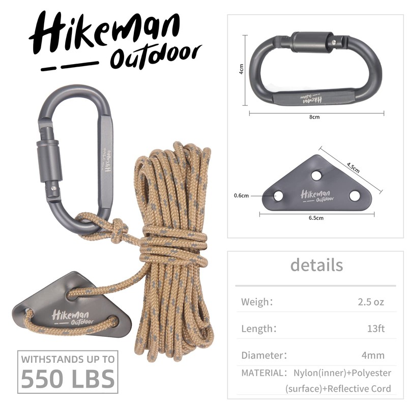 Hikeman 4 Pack Camping Rope with Locking Carabiner Clip,4mm Reflective