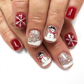 Short Square Christmas Press on Nails Red Fake Nails with Snowman and Snowflake Designs Glossy Acrylic Glue on Nails Full Cover Short Christmas Stick on Nails Winter Artificial Nails for Women, 24Pcs
