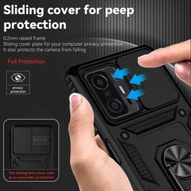 Vokuha Case for Mi 11T 5G / Mi 11T Pro 5G 21081111RG Case with Tempered Glass Screen Protector and Slide Camera Cover, 360° Rotate Ring Stand Magnetic Cover for Xiaomi Mi 11T 5G Black