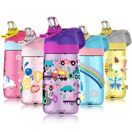 Fjbottle Kids Water Bottle with Straw, BPA Free Leak Proof 450ml Drinking Bottle, Eco Friendly Tritan Sports Water Bottle for Kids, One Click Flip Lid