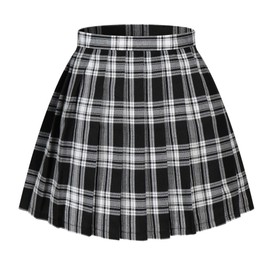 Beautifulfashionlife Women Girls Short Plaid Pleated Skirts Uniform Cosplay Costumes, White Mixed Black, 10