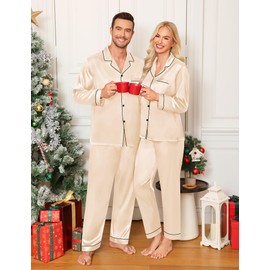 SWOMOG Family Matching Pajamas Set Silk Satin Button Down Sleepwear Long Sleeve Nightwear 2 Pcs Pj Set Women Champagne Small