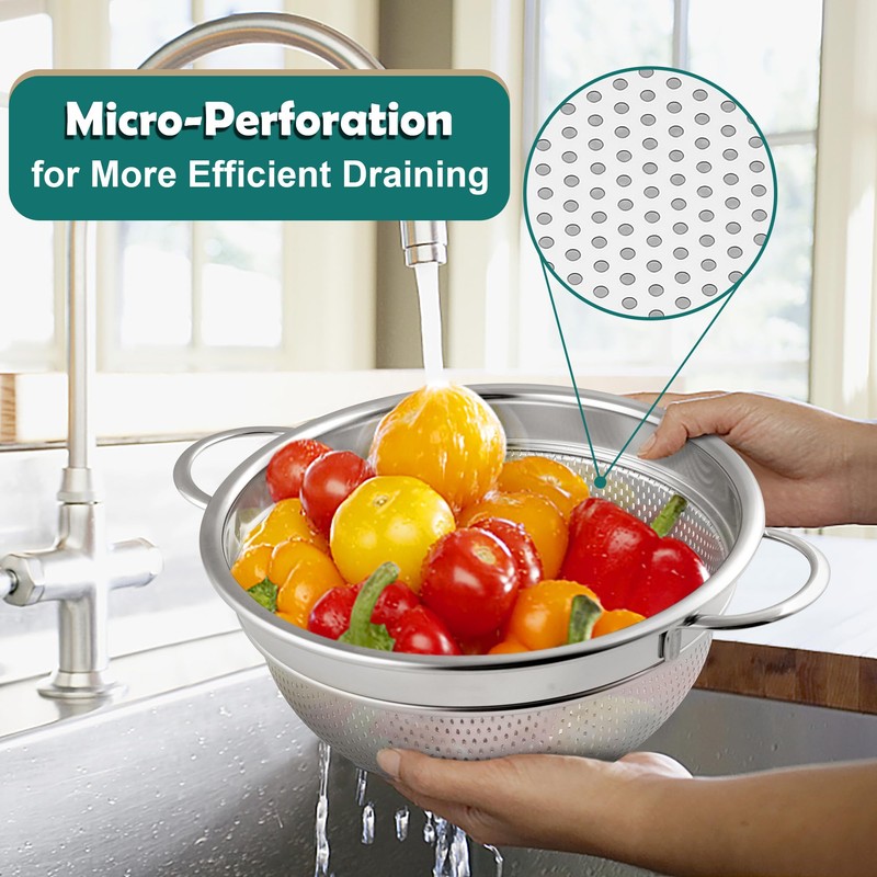 Herogo Stainless Steel Colander 20cm, Micro-Perforated Metal Colanders with Handle,