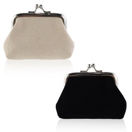 AfitLulu 2Pcs Coin Purse, Canvas Kiss-Lock Change Purse for Women, Small Mini Change Purse for Jewelry, Keys, Coin, Cash (3.9 * 2.9inches) (Black+khaki)