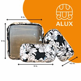Alux 3-Pc Travel Makeup Bags for Women; Multi-Color, Chic and Stylish Travel Toiletry Bag Set; Large and Medium Makeup Bags for Vanity and Luggage and Small Makeup Bag for Purse - Wildrlowers Black