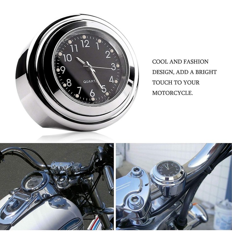 TESWNE7/8 1" Motorcycle Handlebar Chrome White Dial Clock and Thermometer
