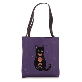 Black Crystal Witchy Cat Boho Moon Phases Purple Galaxy Tote Bag