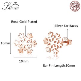 Shuxin Silver Christmas Stud Earrings for Women, 925 Sterling Silver Xmas Studs Earrings for Ladies, Rose Gold Snowflake Stud Earrings, 10mm Small Sleeper Stud Earrings, Jewellery Gift for Christmas