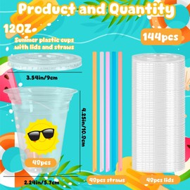 288 Pcs Summer Party Cups with Lids and Straws 12 oz Disposable Plastic Tropical Hawaiian Luau Clear Drinking Cups Watermelon Flamingo Sun Disposable Cups for Summer Beach Pool Party Supplies