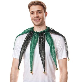 Adult Victorian Net Collar Pointed Clown Neck Accessories with Bell Carnival Costumes, Green/black