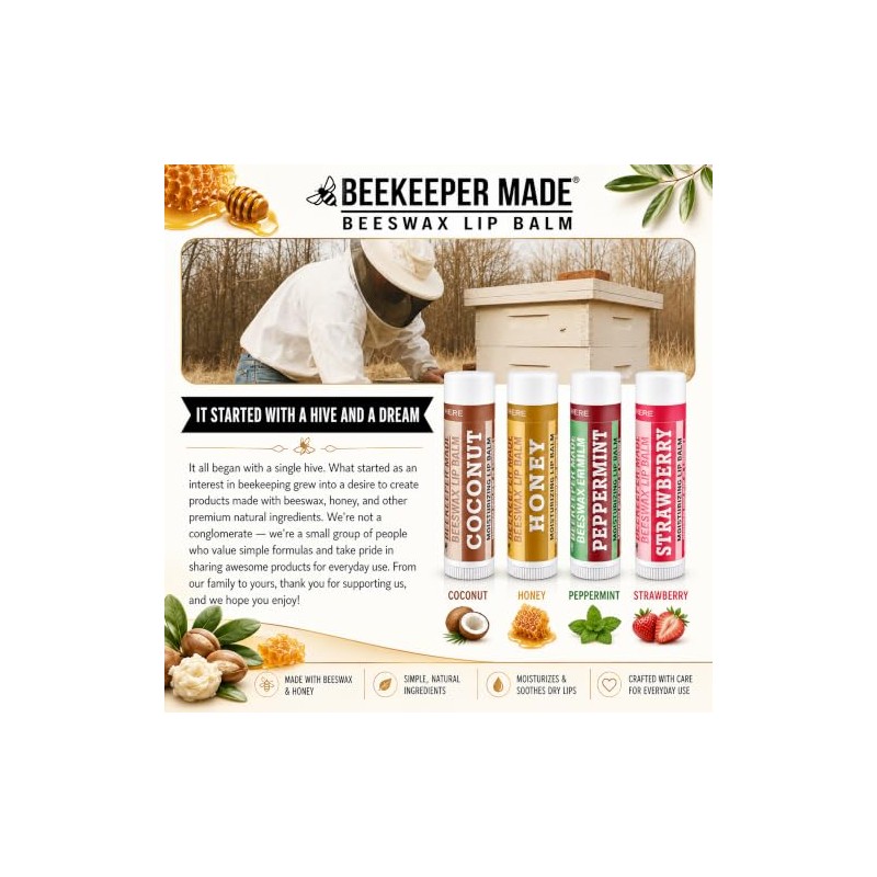Beeswax Lip Balm 4 Pack | Honey, Peppermint, Coconut &