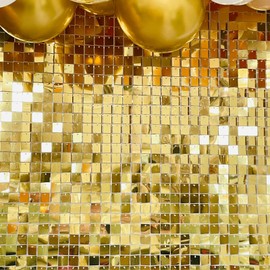 YAKOURLER 25 PCS Pack Mirror Light Gold Shimmer Wall Backdrop Sequin Panels Squares with Interlock Back Tiles for Events Home Decor Wedding Baby Shower Birthday Decoration (Mirror Light Gold )