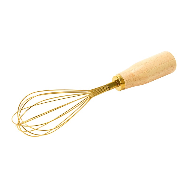 "Bloomingville Standing Stainless Steel Wood Handle, Gold Finish Whisk, 10.25"""