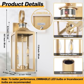 Yolsunes 20" Gold Motion Sensor Outdoor Light, Large Dusk to Dawn Outdoor Lighting Fixture, Farmhouse Wall Mounted Porch Lamp, Waterproof Sconce Light for Outside Patio, 3 Modes/2-Light/1-Pack