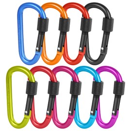 Pack of 9 Carabiner with Screw Cap, Aluminium D Shape Carabiner Set, Carabiner Screw Cap, 77 x 42 mm Carabiner Hook, Colourful for Outdoor, Camping, Hiking, Backpacking (9 Colours)