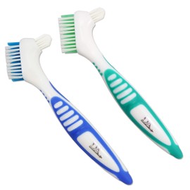 2 x Denture Brushes ~ Rubber Grips, Easy Hold Handle, Double Bristle Head