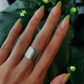 KQueenest 30 Pcs Neon Green French Tip False Nails Short Medium Almond, French Tip False Nails Short Stiletto, Custom Thick Acrylic Fake Nails Set Natural Nude Gel Stick on Nail for Women Daily Wear