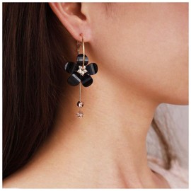 Cimenexe Bohemian Enamel Flower Hoop Earrings Black Acrylic Flower Dangle Earrings Long Cz Flower Tassel Drop Earrings Colorful Crystal Flower Earrings Jewelry for Women (Black)