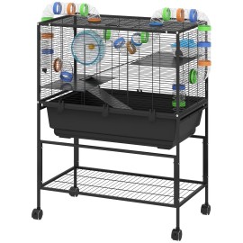 Hamster Cage 3 Tier with Deep Tray Rolling Storage Shelf Exercise Wheel Hut Tube System Indoor Modern Metal RectangleColor: default Color