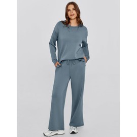 Glamaker Womens Sweatsuits 2 Piece Set Crewneck Sweatshirts Wide Leg Pants Matching Sets Fall Winter Sweatsuit Tracksuits Outfits Grey blue S
