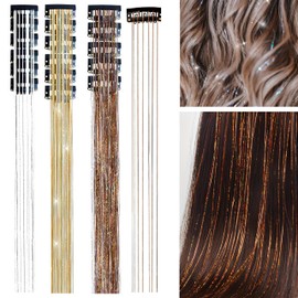 18 Stück Glitzer Hair Tinsel, Haarsträhnen Kit Glitzersträhnen, Haarextension Kit, Haarsträhnen zum Flechten Haar Lametta mit Klammer für Mädchen Frauen Kinder Cosplay Party Haare Festival Zubehör