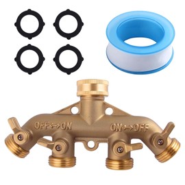 LEONTOOL 4 Way Brass Hose Splitter 3/4 Inch Faucet Manifold Heavy Duty Outdoor Faucet Splitter Water Spigot Garden Hose Manifold Connector Spigot Adapter with 4 Valves 4 Extra Rubber Washers and Tape