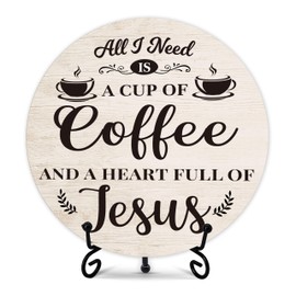 Coffee Bar Sign, Christian Coffee Decorations for Coffee Bar, Farmhouse Round Wood Plaque with Stand, Coffee And Jesus Themed Coffee Signs for Coffee Station Home Office, Coffee Lover Gifts (09)