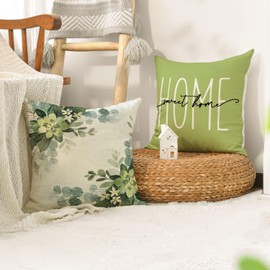 BAOKU Decorative Cushion Cover, 45 x 45 cm Set of 4 light green gray Floral Pattern Linen Pillowcase 18 x 18 inches for Sofa Couch Bed Home Garden Outdoor Spring Decor