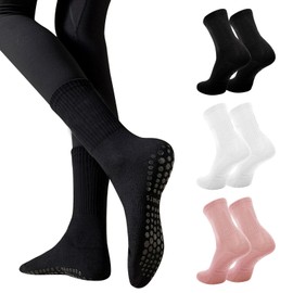 Risipu Non Slip Yoga Socks for Women Anti-skid Long Socks for Yoga, Barre, Ballet, Dance, Barefoot Workout Gym (UK, Alpha, One Size, Regular, Regular, 3 Pairs - Black+White+Pink)