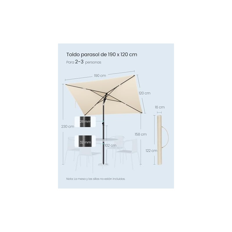 SONGMICS Sombrilla de Patio, Parasol de Exterior, Techo Inclinable, para