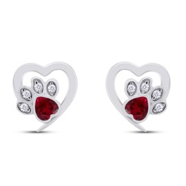 AFFY Heart and Round Cut Simulated Ruby Cat Puppy Paw Print Pet Animal Heart Small Stud Earrings Jewelry Gift for Women in 14k White Gold Plated 925 Sterling Silver