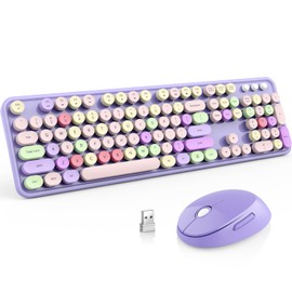 Wireless Keyboard and Mouse Combo, MOFII Full-Size Retro Round Keyboard and Mouse Wireless, 2.4 GHz Wireless, Plug and Play, 8 Multimedia & Shortcut Keysfor Mac, Windows, Laptop/Desktop/PC (Purple)