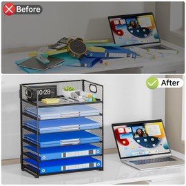 Kinkota 6 Tier Paper Organizer for Desk, Desk File Organizer with Handle, Mesh 6 Tray Letter Organizer for Desktop - Black