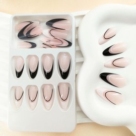 French Tip Press on Nails Almond Medium Fake Nails Press ons with Double Line Frenchies Designs White Black Glue on Nails Decoration Manicure Supplies False Nails for Women Girls 24Pcs