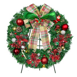 Naramiji Christmas Cemetery Flower Wreath for Grave, Poinsettias Wreath with 30 Inch Easeal Stand，Extra-Large Bow Decoration，Colorfast and Easy Fit