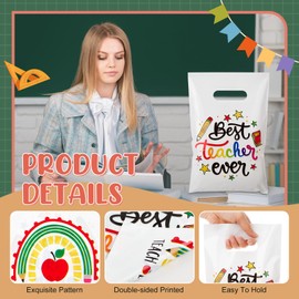 Spakon 100 Pcs Teacher Appreciation Gift Bags with Handle Happy Teachers' Day Party Favors Plastic Goody Treat Bags for School Graduation Office Birthday Supplies, Colorful, 9.84''x6.5''