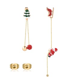 NOKMIT Christmas Earrings for Women, 14K Gold Plated Cute Slidable Santa Claus Drop Dangle Earrings, Holiday Party Xmas New Year Jewelry Gifts (Tree+Sled)