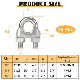 Idota Pack of 20 wire rope clamps, 3 mm, stainless steel rope clamp for steel cable, steel wire, fixed, suitable for diameter 3 mm wire (M3)