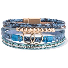 FANCY SHINY Boho Wrap Bracelets Leather Cuff Bangle Gold Beaded Bracelets for Women Stackable Infinity Bracelets Jewelry with Magnetic Clasp(Snakeskin Blue)