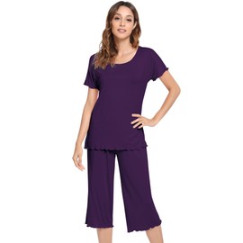 NACHILA Pajamas for Women-Viscose Made from Bamboo,Short Sleeve Sleepwear Cooling Pjs Top with Capri Pants Pajama Sets S-4X Dark Purple X-Large