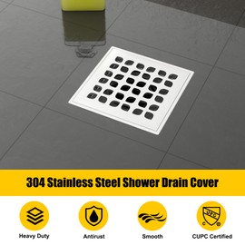 Fibetter 4 Inch Square Shower Drain Brushed with PVC Bonding Flange, Bonding Drain Shower Flange Kit 304 Stainless Steel Drain Grate for Low Profile Tiles, CUPC Certified