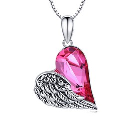 Angel Wings Necklace Women's Chain 925 Sterling Silver Wing Pendant Necklace with Heart Crystal Angel Jewellery Communion Gift for Women, Sterling Silver, Crystal