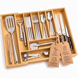 Kibun Bamboo Cutlery Tray Extendable 32-52 cm Drawers Cutlery Tray | 7-9 Compartments Wooden Drawer Organiser Kitchen Cutlery Holder Drawer Insert Kitchen Cutlery Organizer